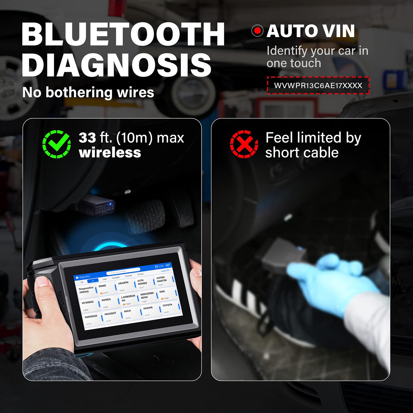 Topdon AD800BT power adapter connected for on-vehicle diagnostics.