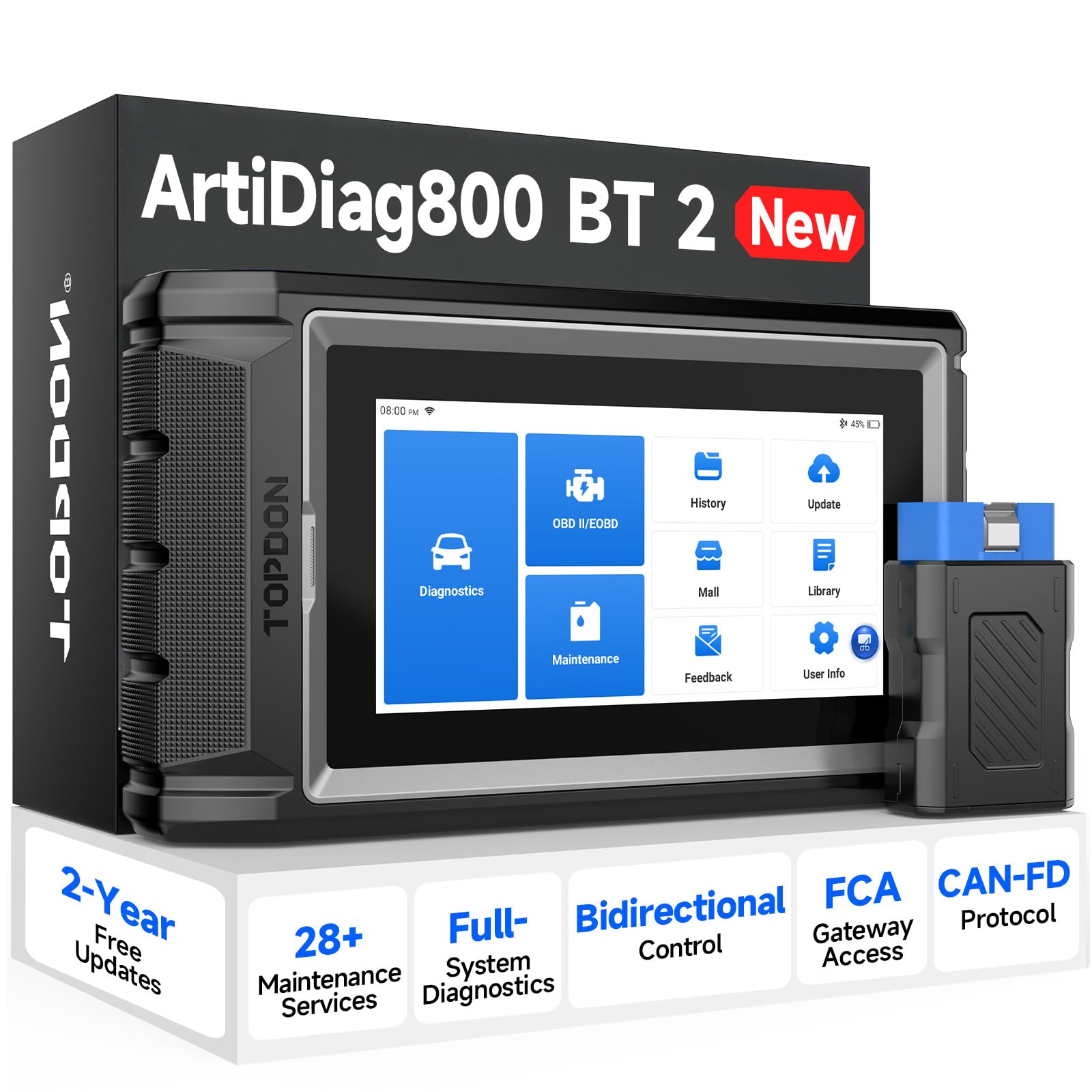 Topdon AD800BT V2.0 front panel in workshop for efficient diagnostics