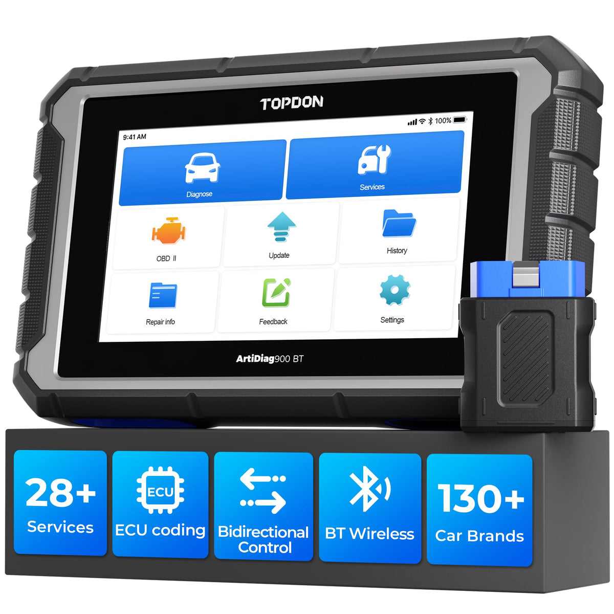 TOPDON AD900BT bidirectional diagnostics tool testing vehicle systems and sending commands