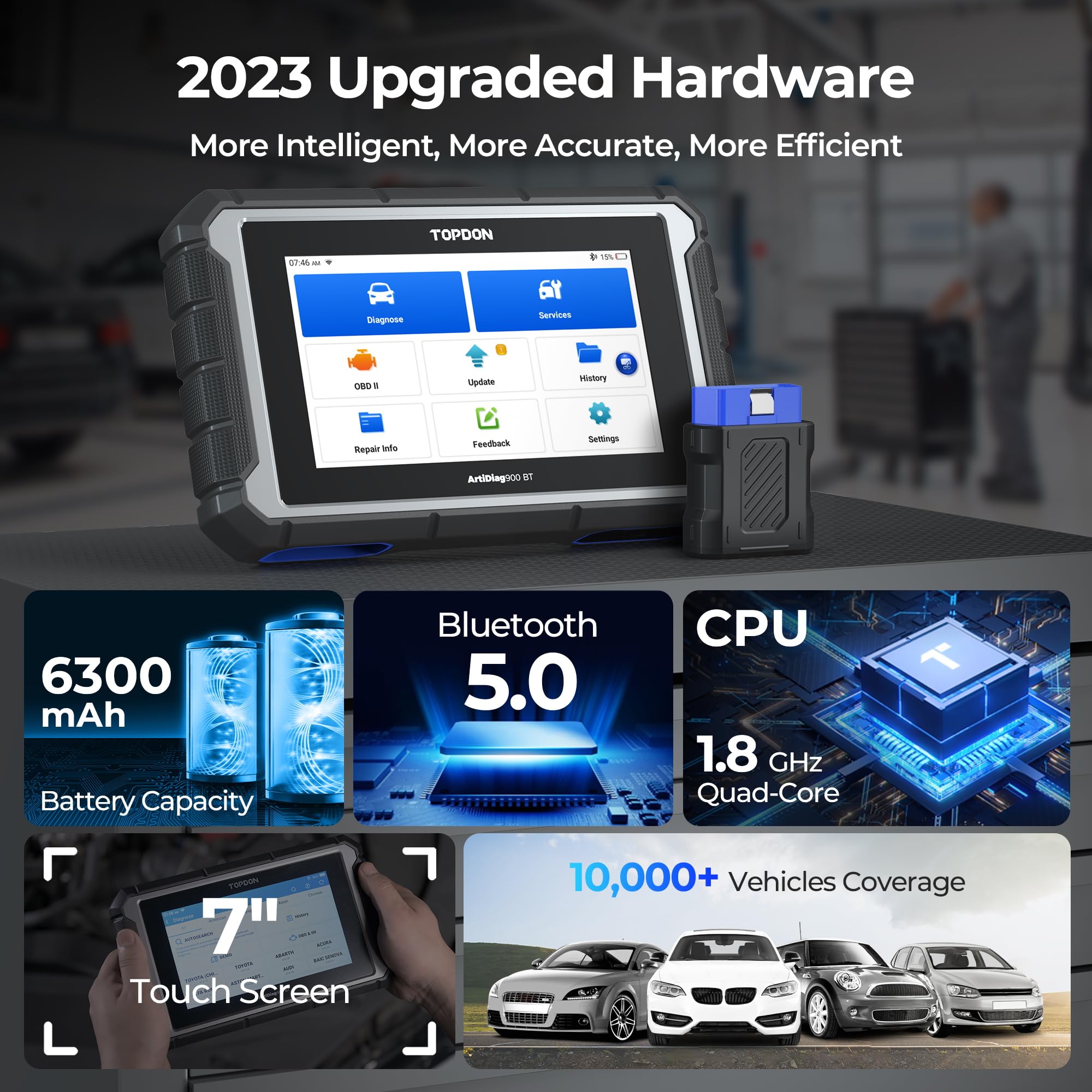 TOPDON AD900BT 7-inch touchscreen displaying clear results and menus