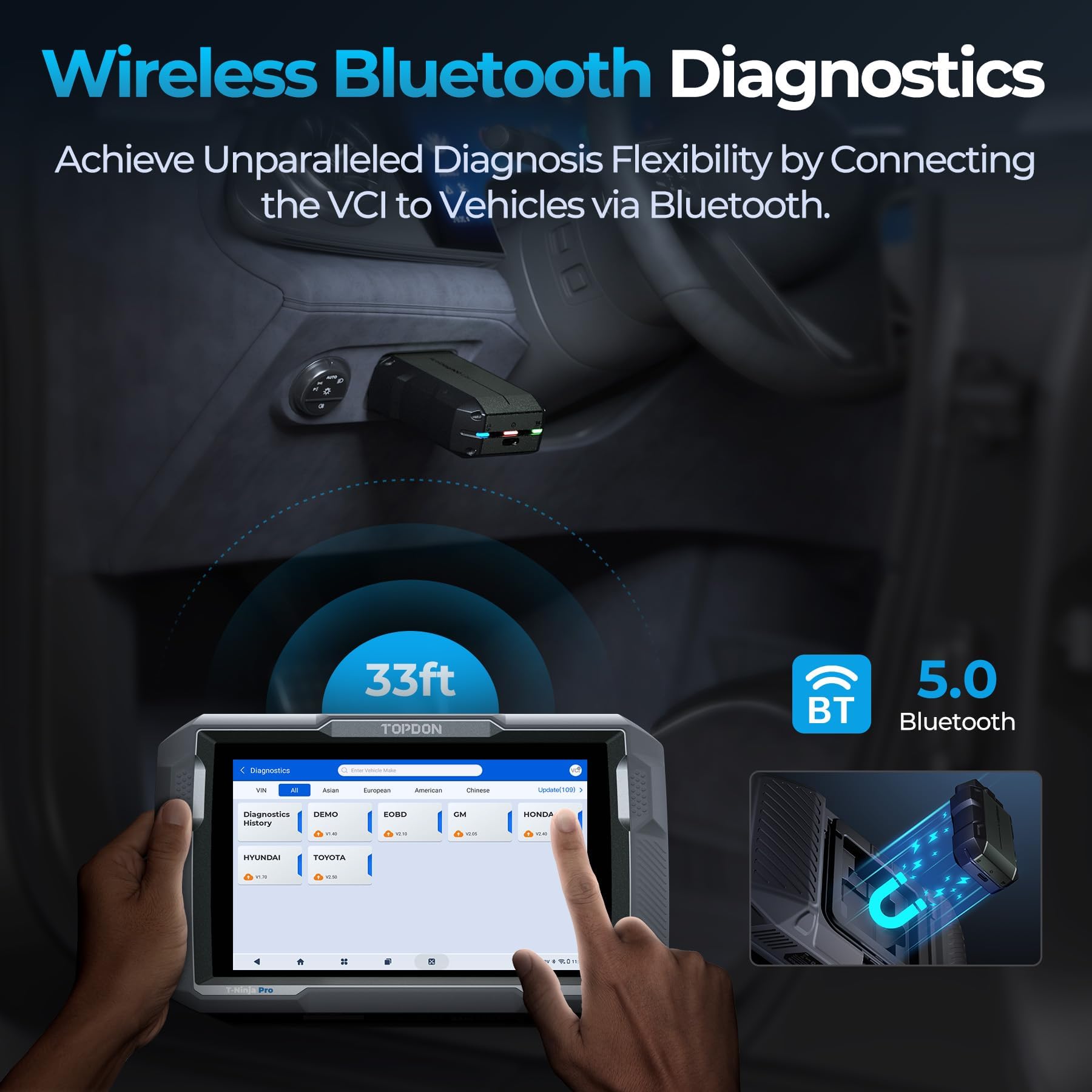 TOPDON ArtiDiag900 Lite wireless diagnosis up to 33 feet for flexibility.