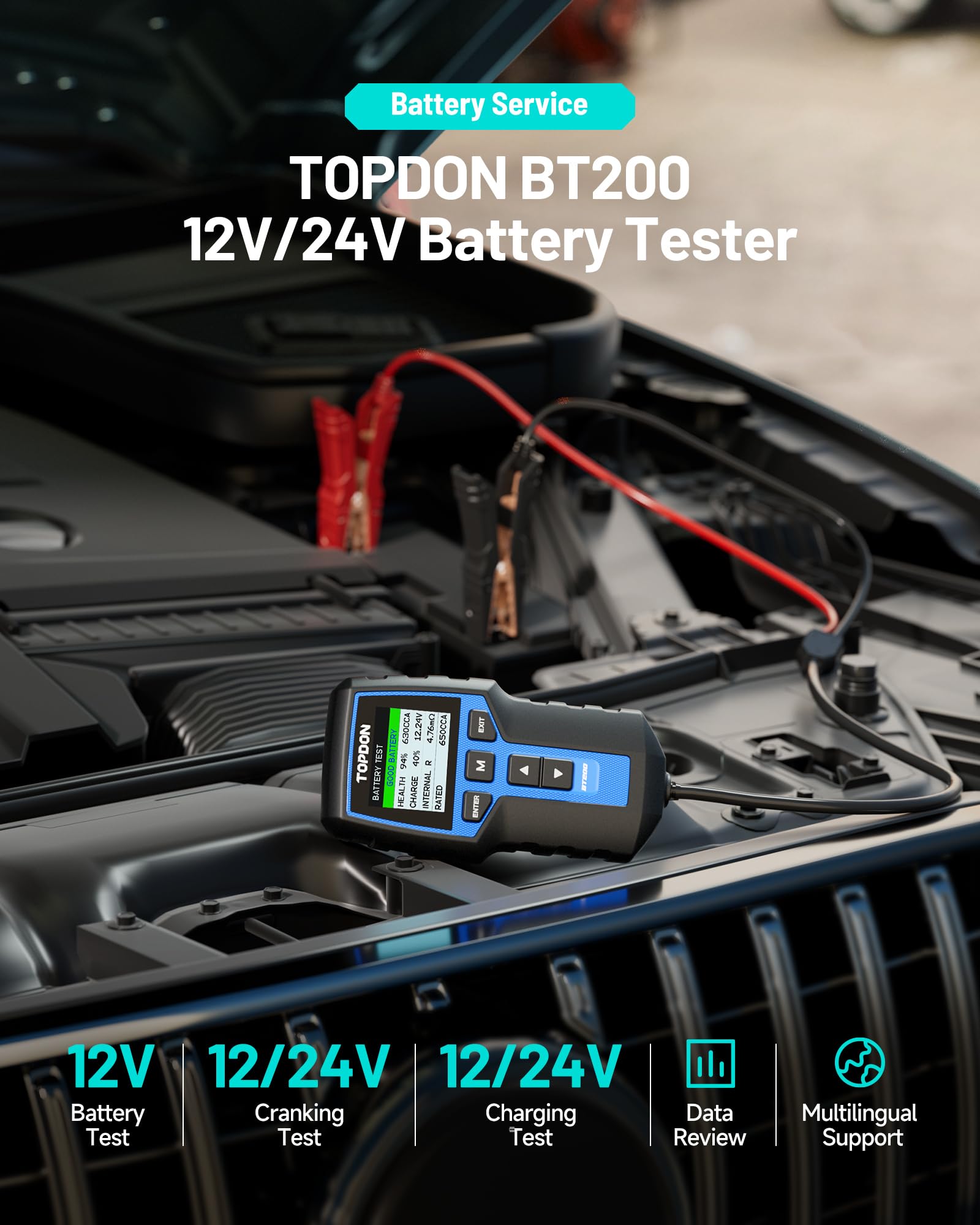 TOPDON BT200 3-in-1 diagnosis view enables cranking and charging status checks.