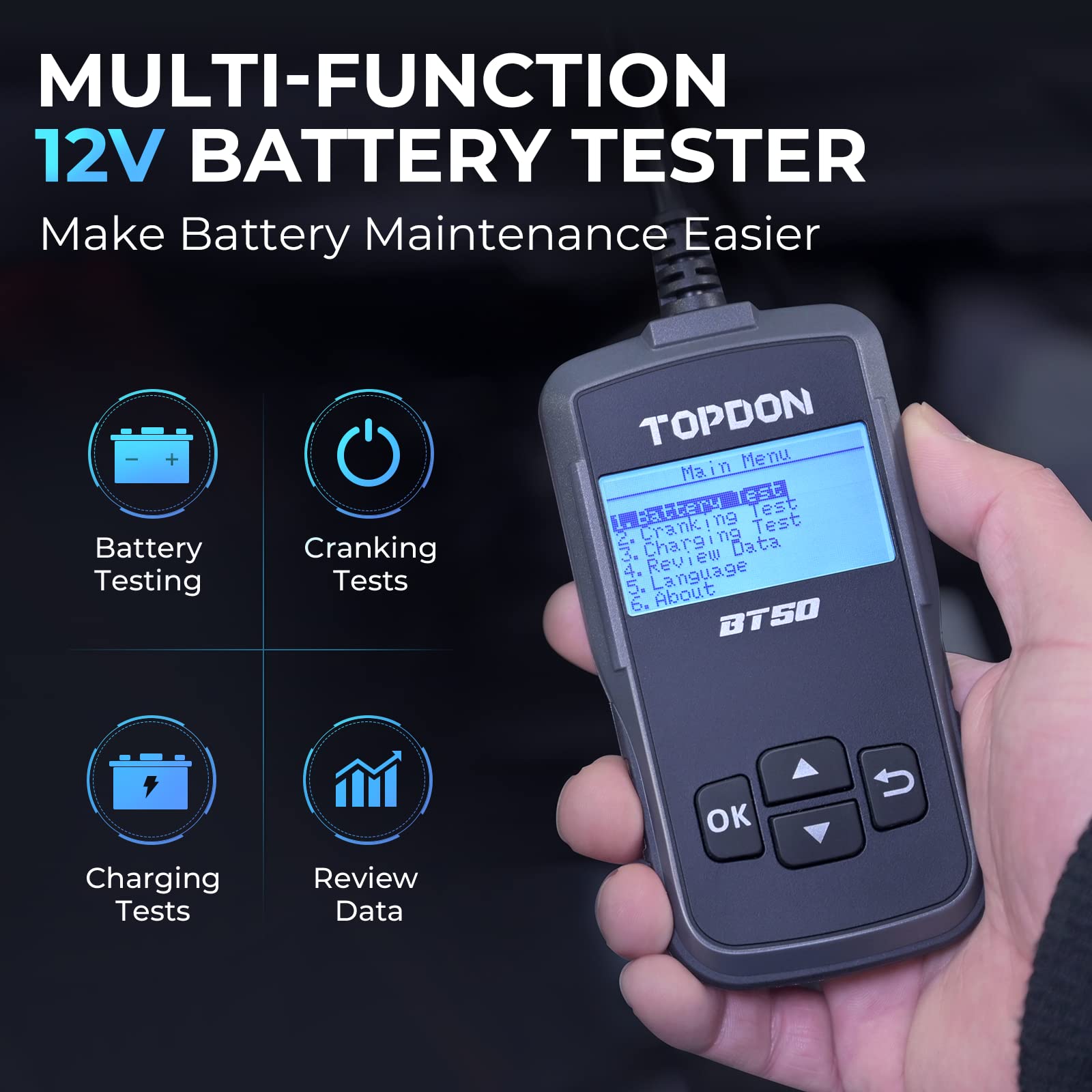 TOPDON BT50 cranking-capacity test confirms starting readiness for trips.