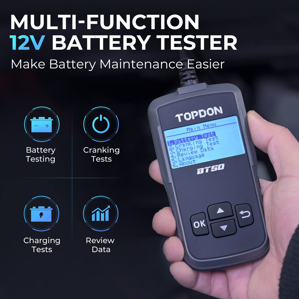 TOPDON BT50 cranking-capacity test confirms starting readiness for trips.