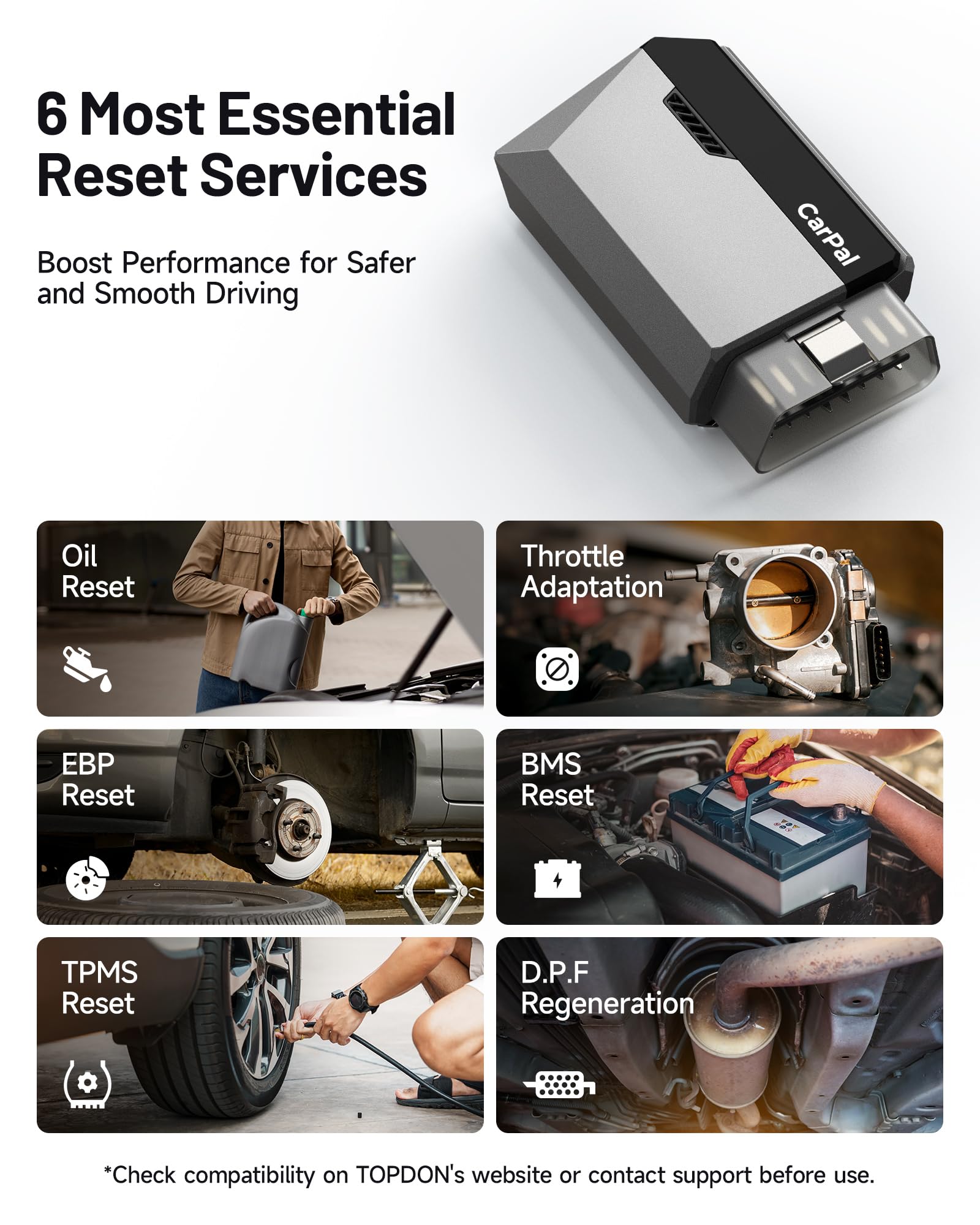 TOPDON CarPal-US reset menu enabling six maintenance tasks