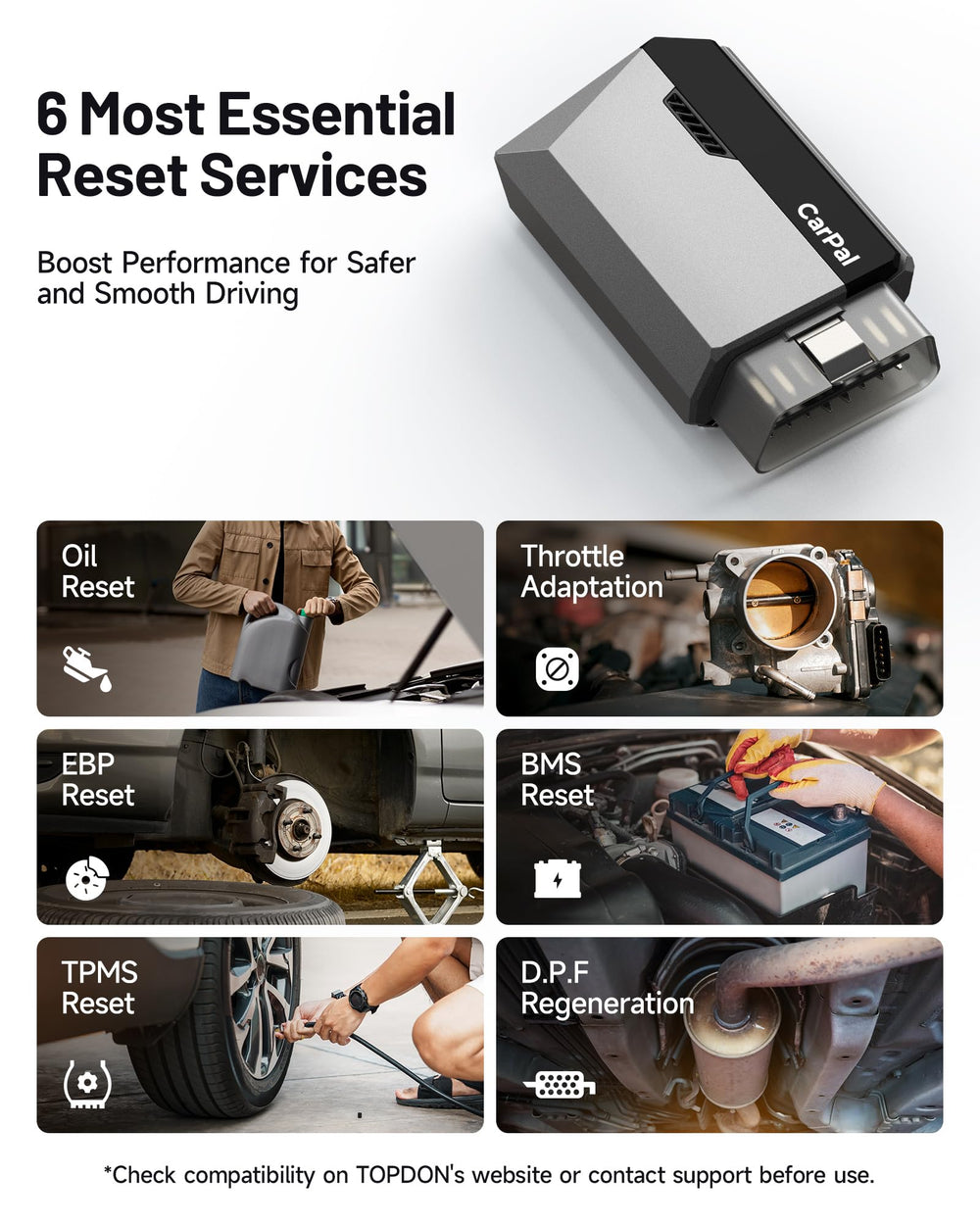 TOPDON CarPal-US reset menu enabling six maintenance tasks