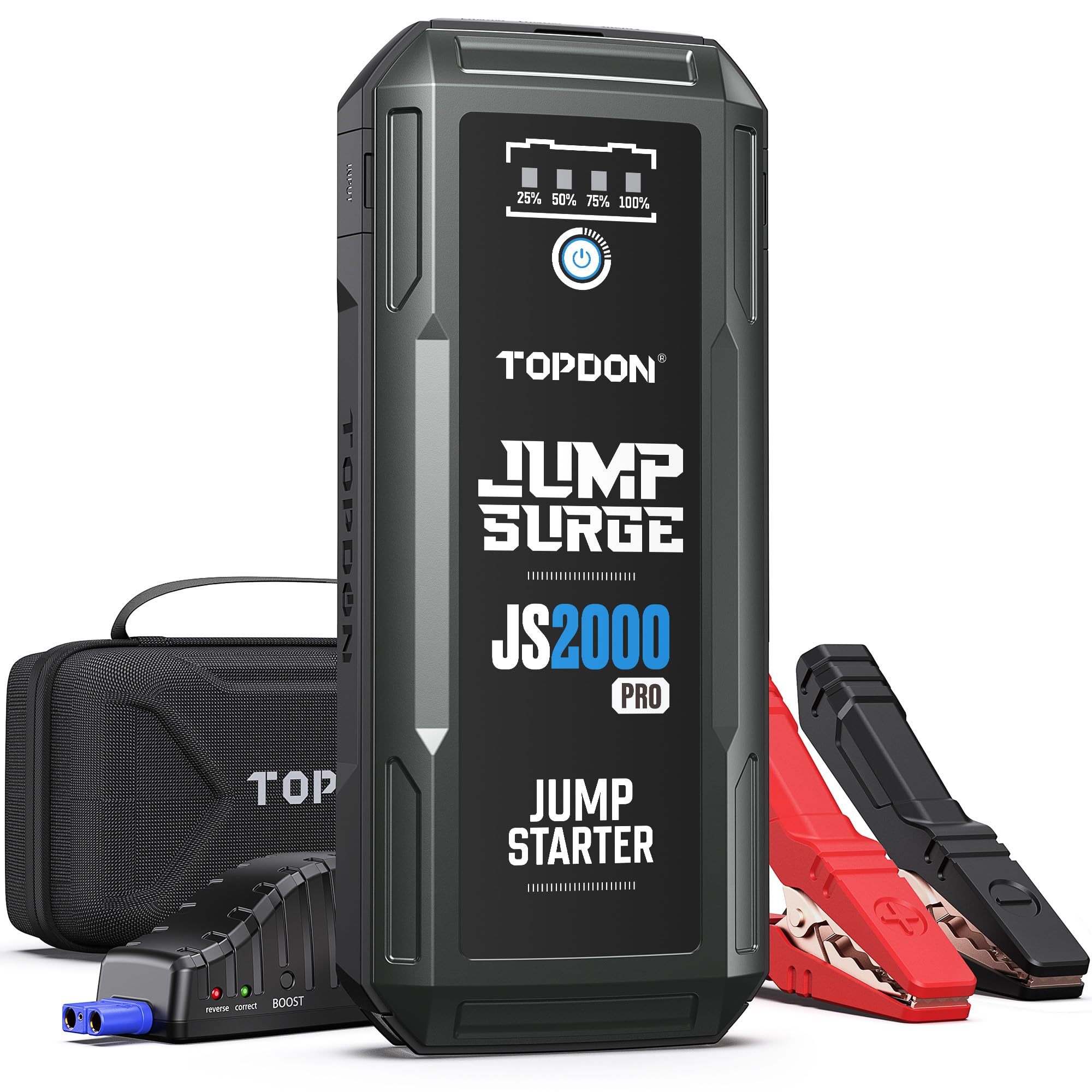 TOPDON JS2000Pro front view, compact jump starter ready for roadside emergencies