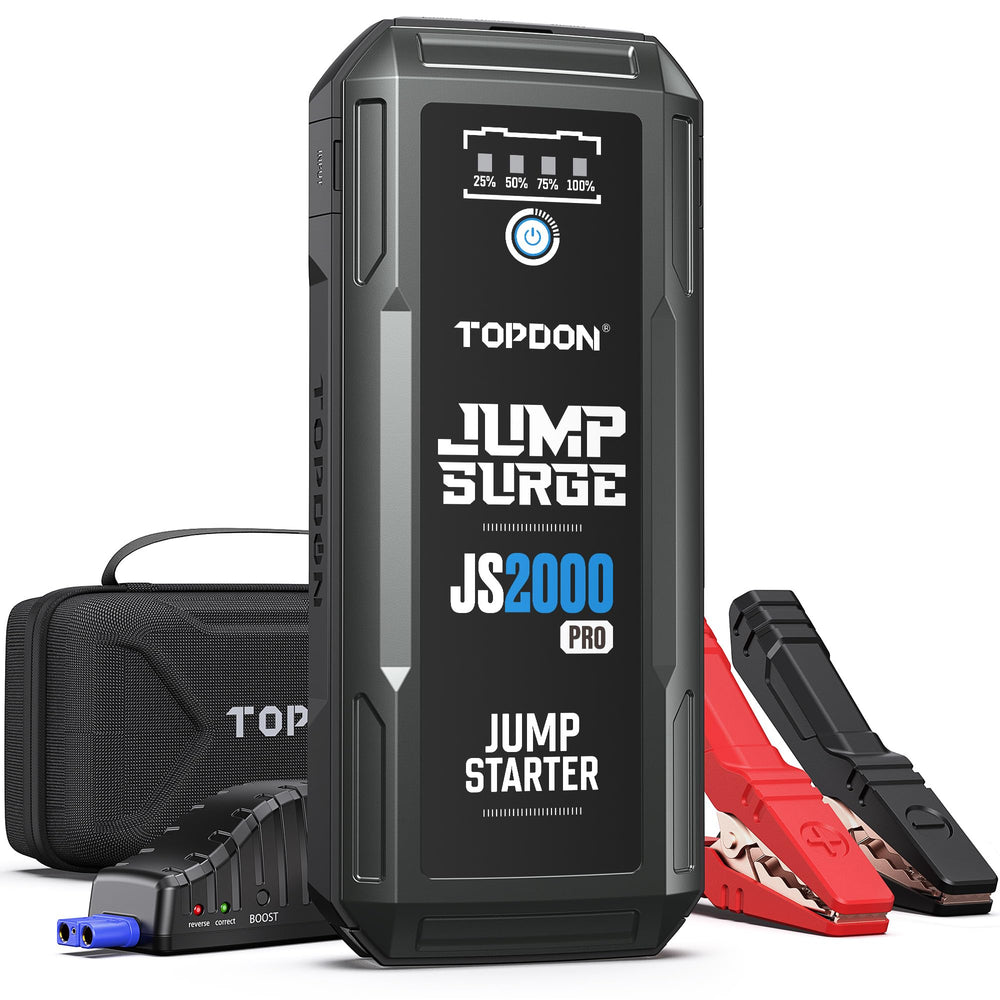 TOPDON JS2000Pro front view, compact jump starter ready for roadside emergencies