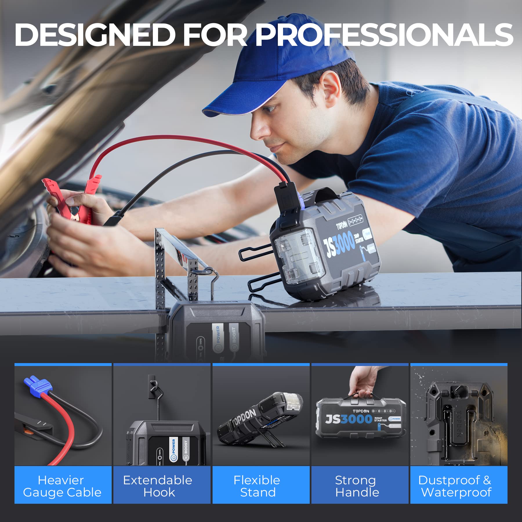 TOPDON JS3000 heavy-duty cables withstand tough jump-start tasks