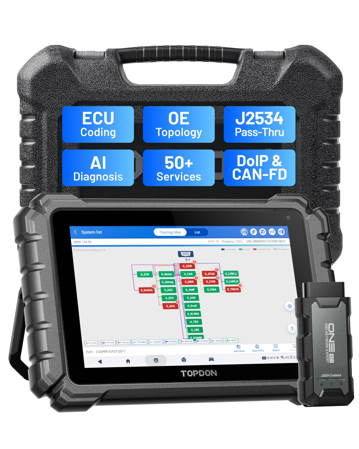 TOPDON ONE bidirectional scan tool on a 10.1-inch screen for fast diagnostics.