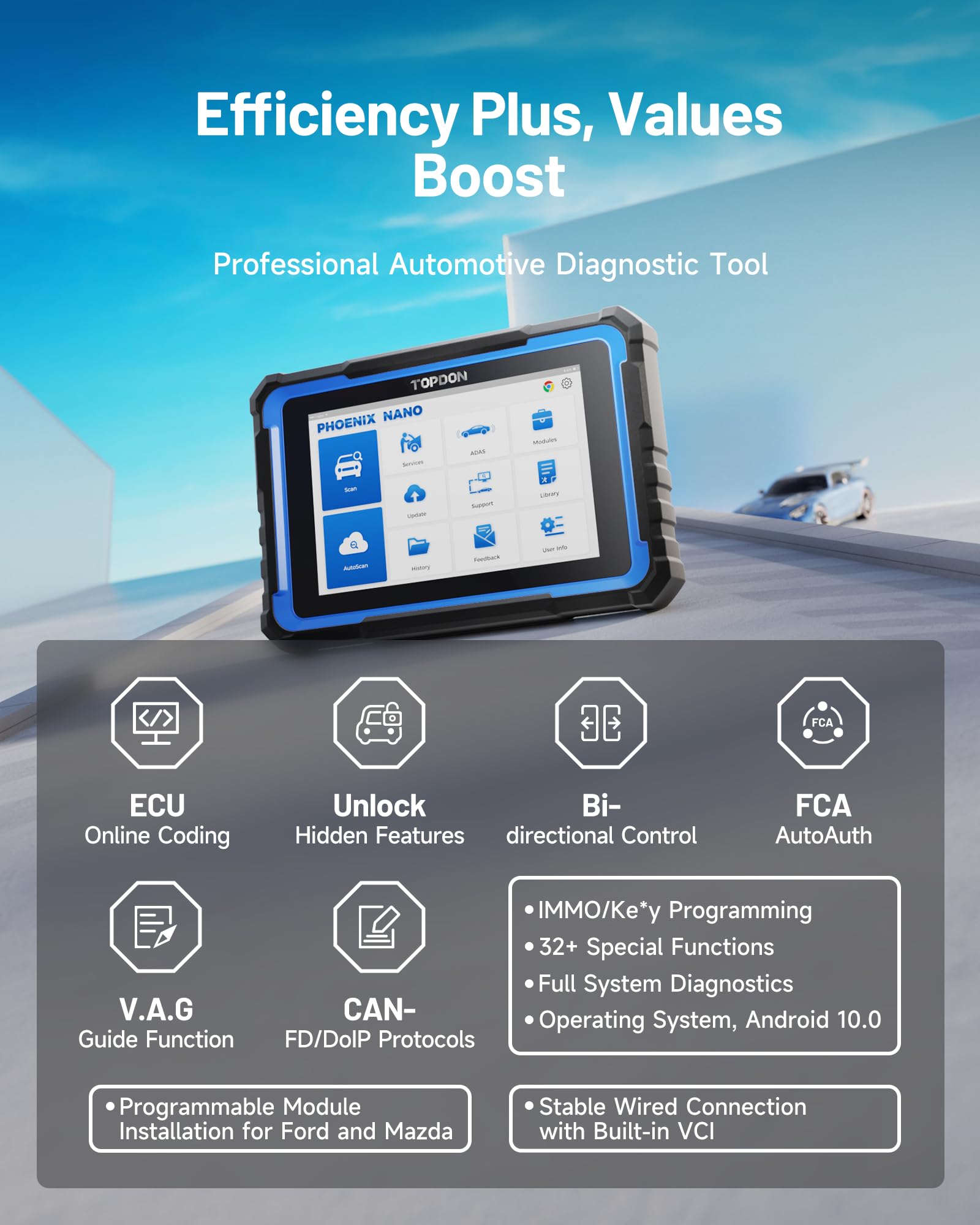 TOPDON Phoenix Nano 8-inch touchscreen with clear display for quick vehicle diagnostics.
