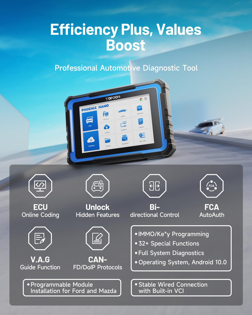 TOPDON Phoenix Nano 8-inch touchscreen with clear display for quick vehicle diagnostics.