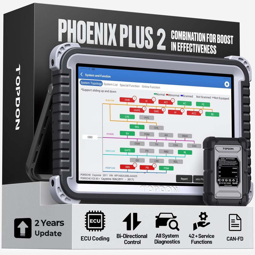 TOPDON Phoenix Plus 2 device front view for versatile workshop diagnostics.