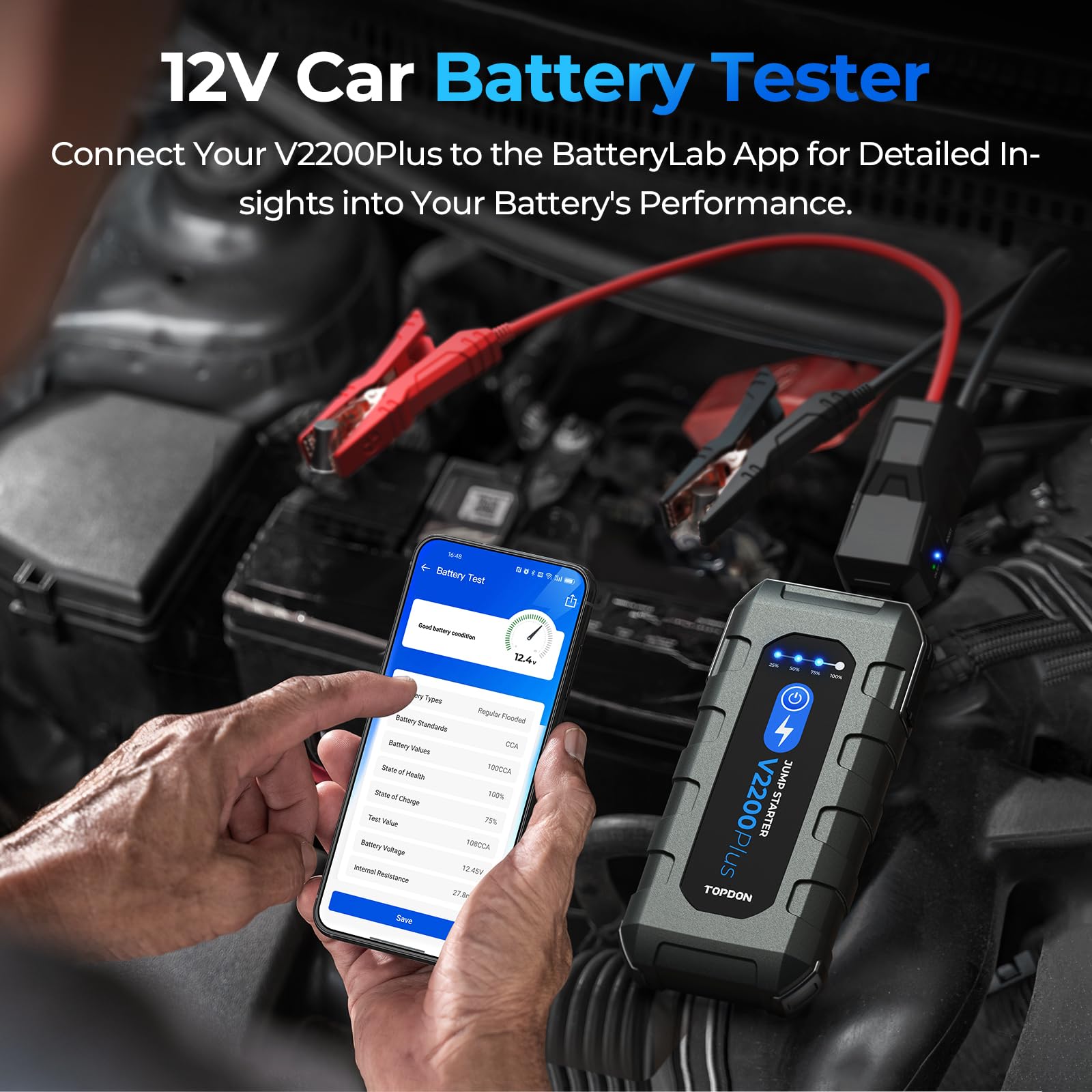 TOPDON V2200PLUS battery tester app checks health and start reasons