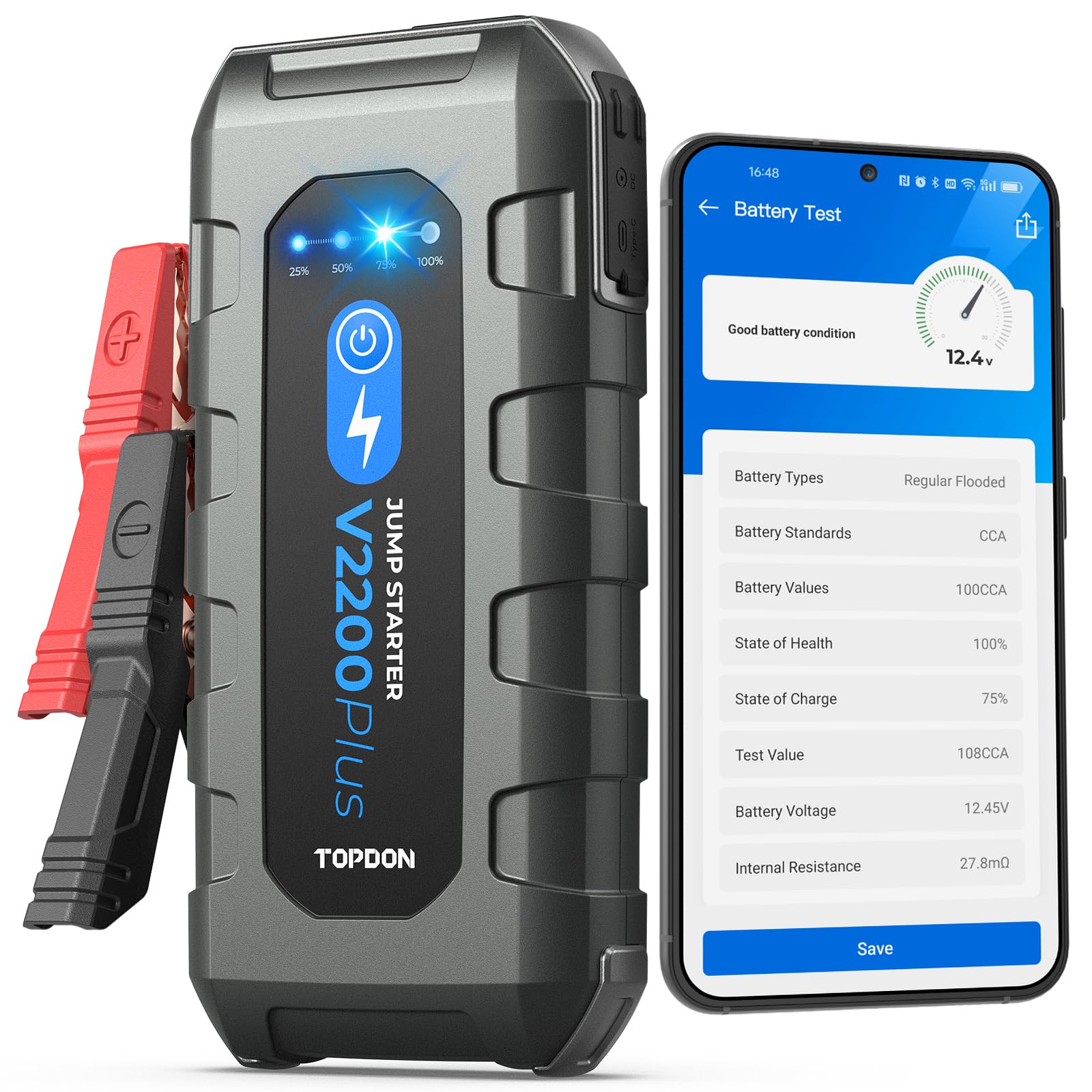 TOPDON V2200PLUS jump starter in action powering a 12V battery