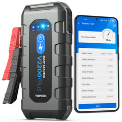 TOPDON V2200PLUS jump starter in action powering a 12V battery