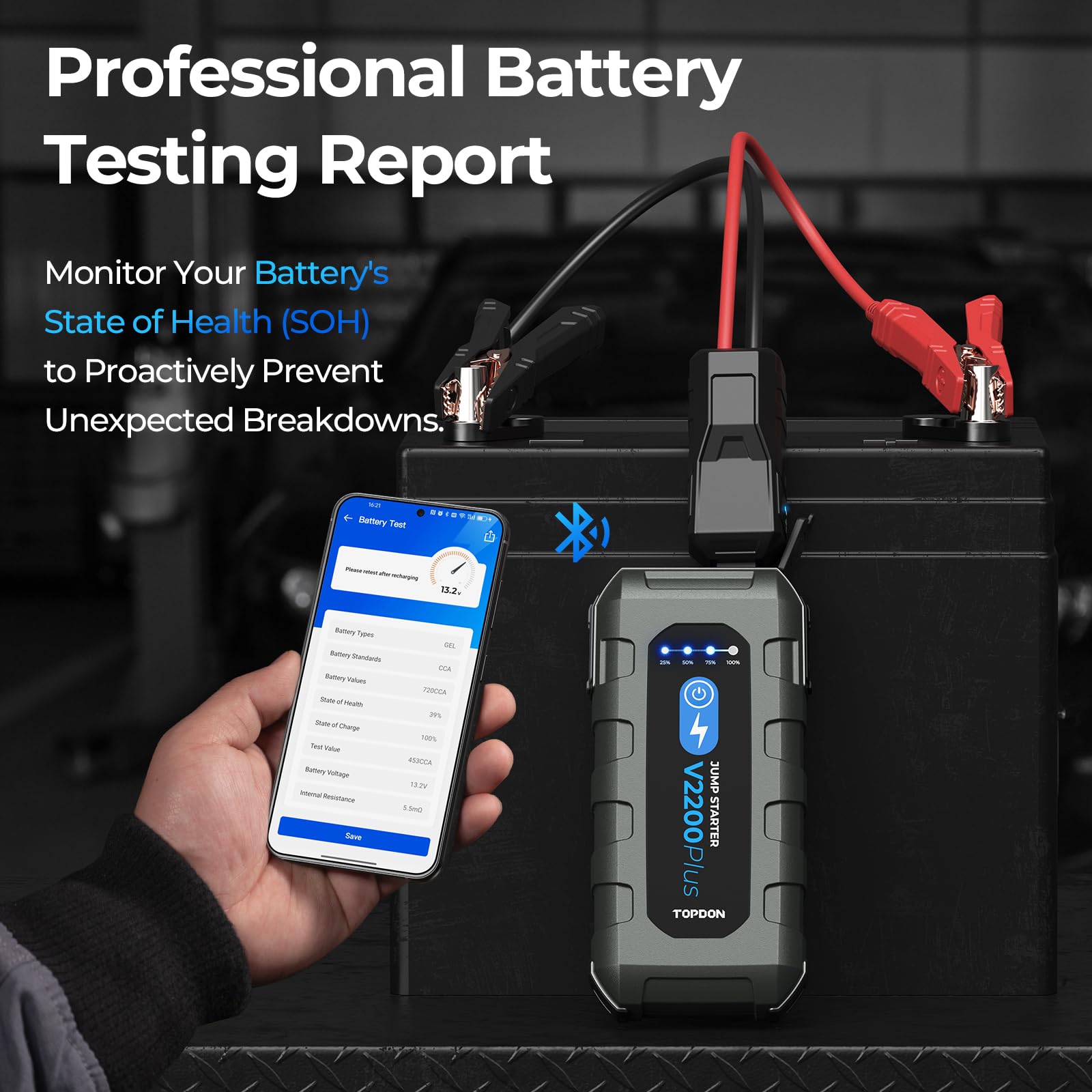 TOPDON V2200PLUS portable power source with USB-C and DC ports on the go