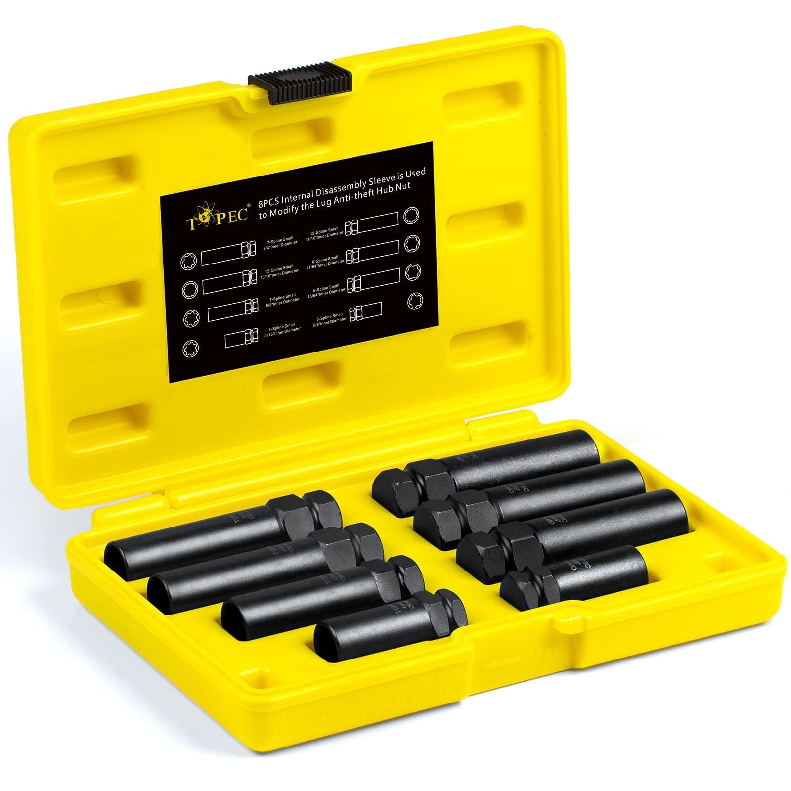 Topec 8-piece spline lug nut socket set for versatile wheel lock removal