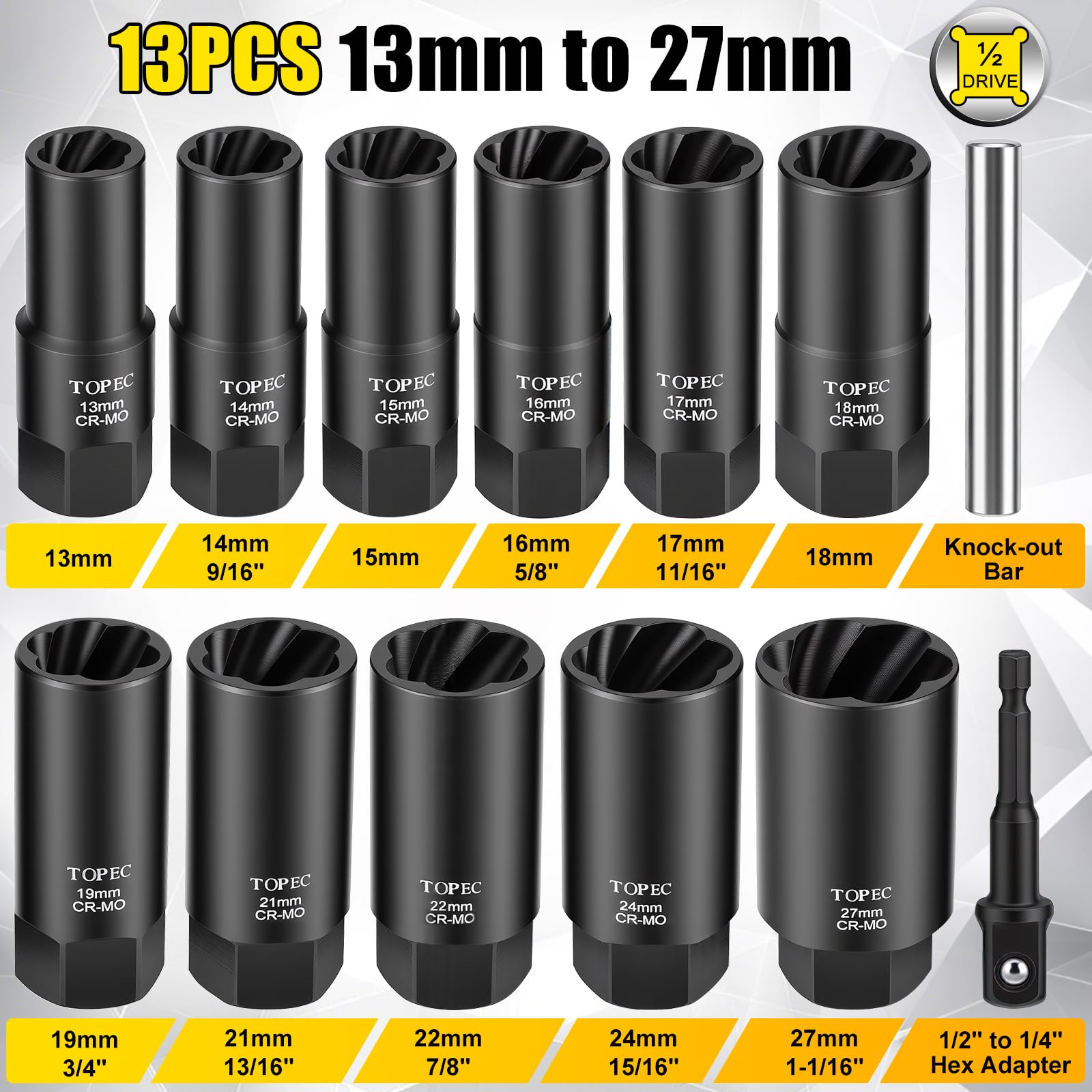 Topec 1/2-inch drive adapter with hex compatibility for tools.