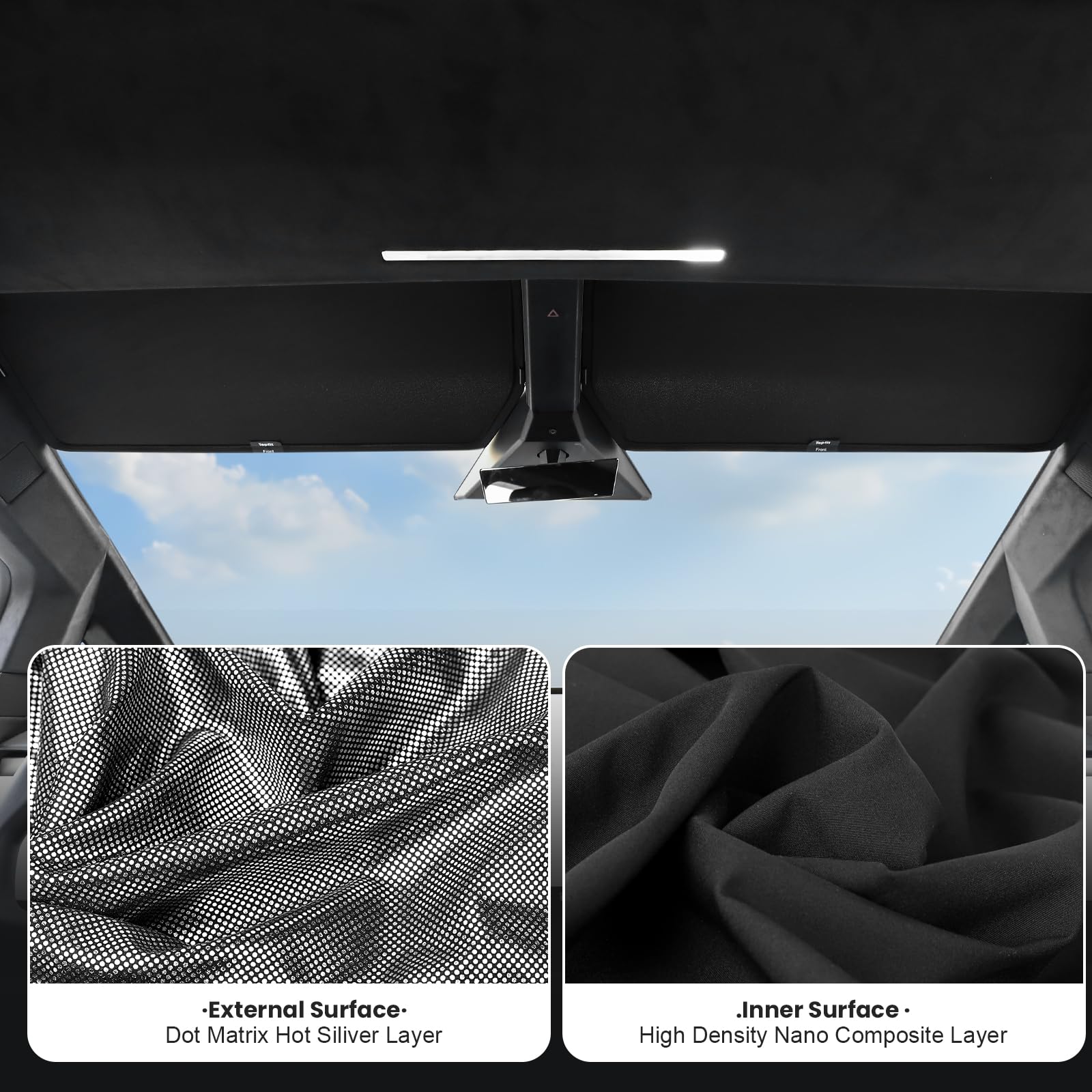 Topfit Cybertruck sunshade demonstrates reflective film to reduce heat buildup.
