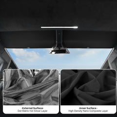 Topfit Cybertruck sunshade demonstrates reflective film to reduce heat buildup.