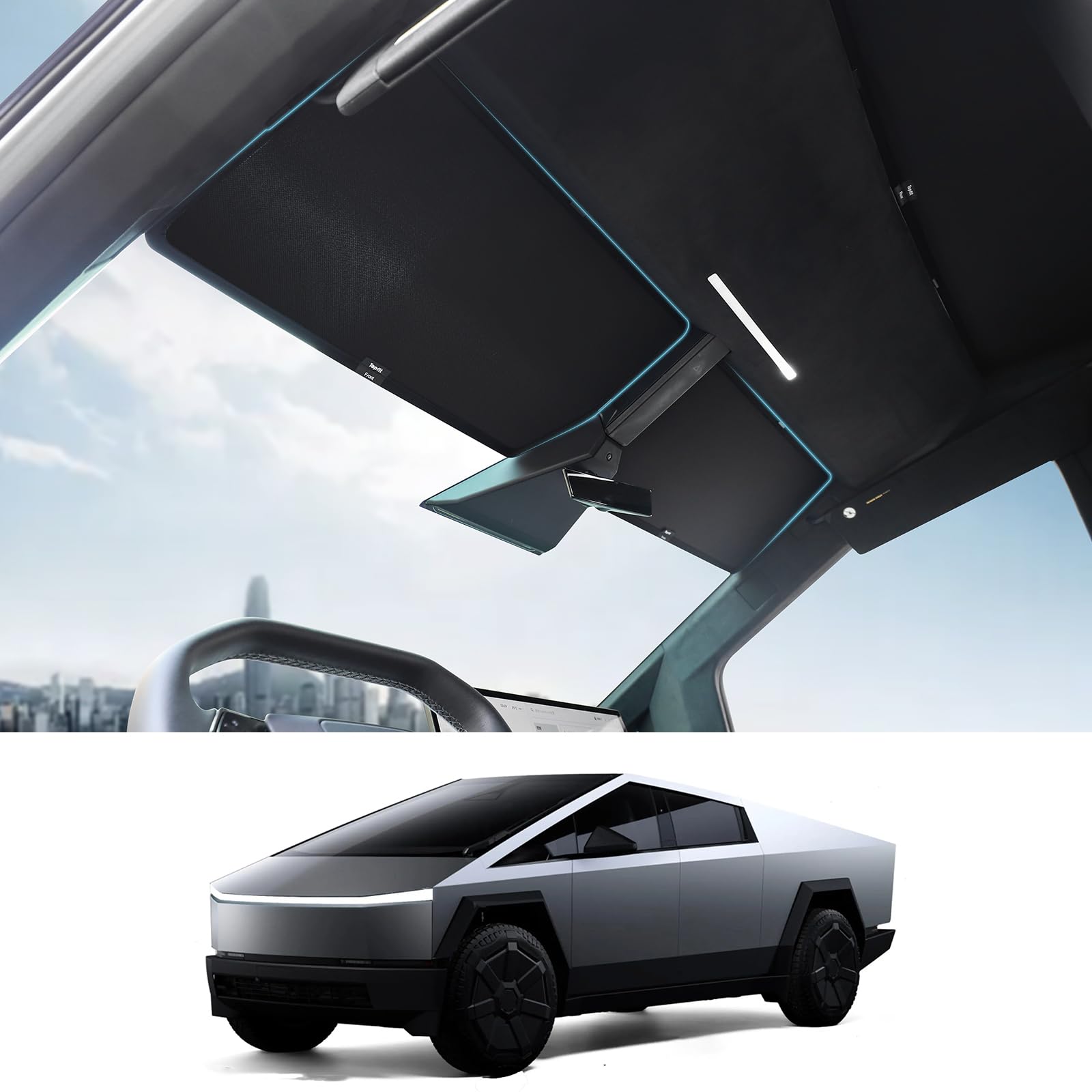 Topfit Cybertruck sunshade with heat-insulating roof for cooler cabin.