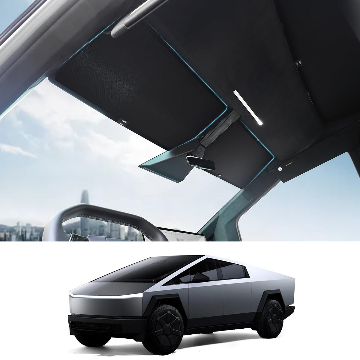 Topfit Cybertruck sunshade with heat-insulating roof for cooler cabin.