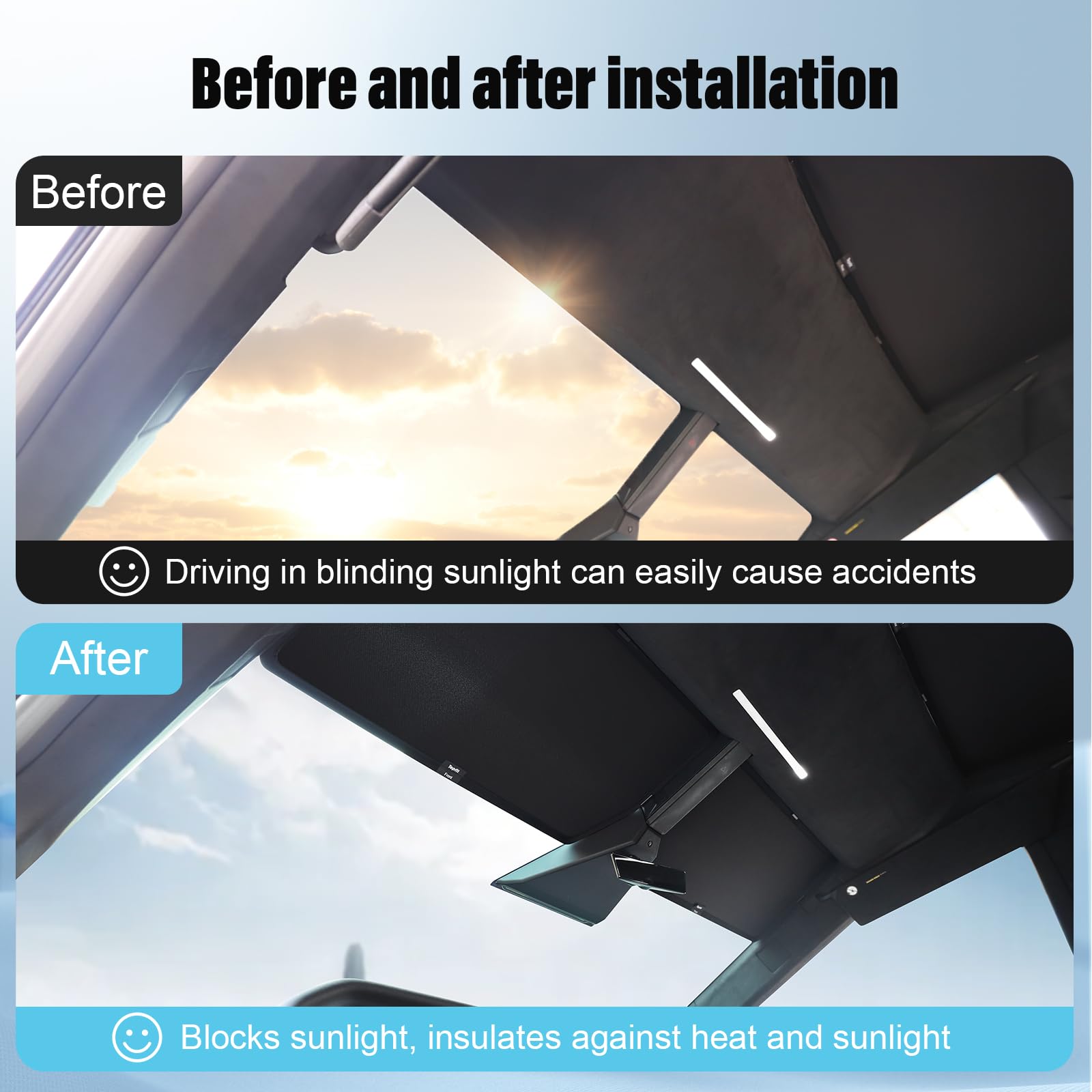 Topfit nano-reflective material reflects sun, protecting interior surfaces.