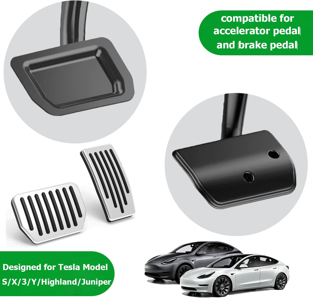 Topfit Model 3/Y pedal cover close-up showing OEM-style aluminum finish.