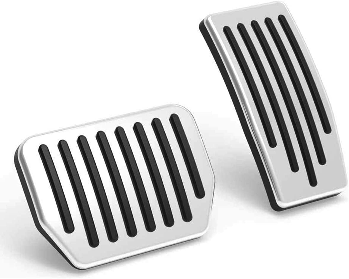 Topfit aluminum pedal pads close-up with non-slip grip for Tesla Model 3/Y.