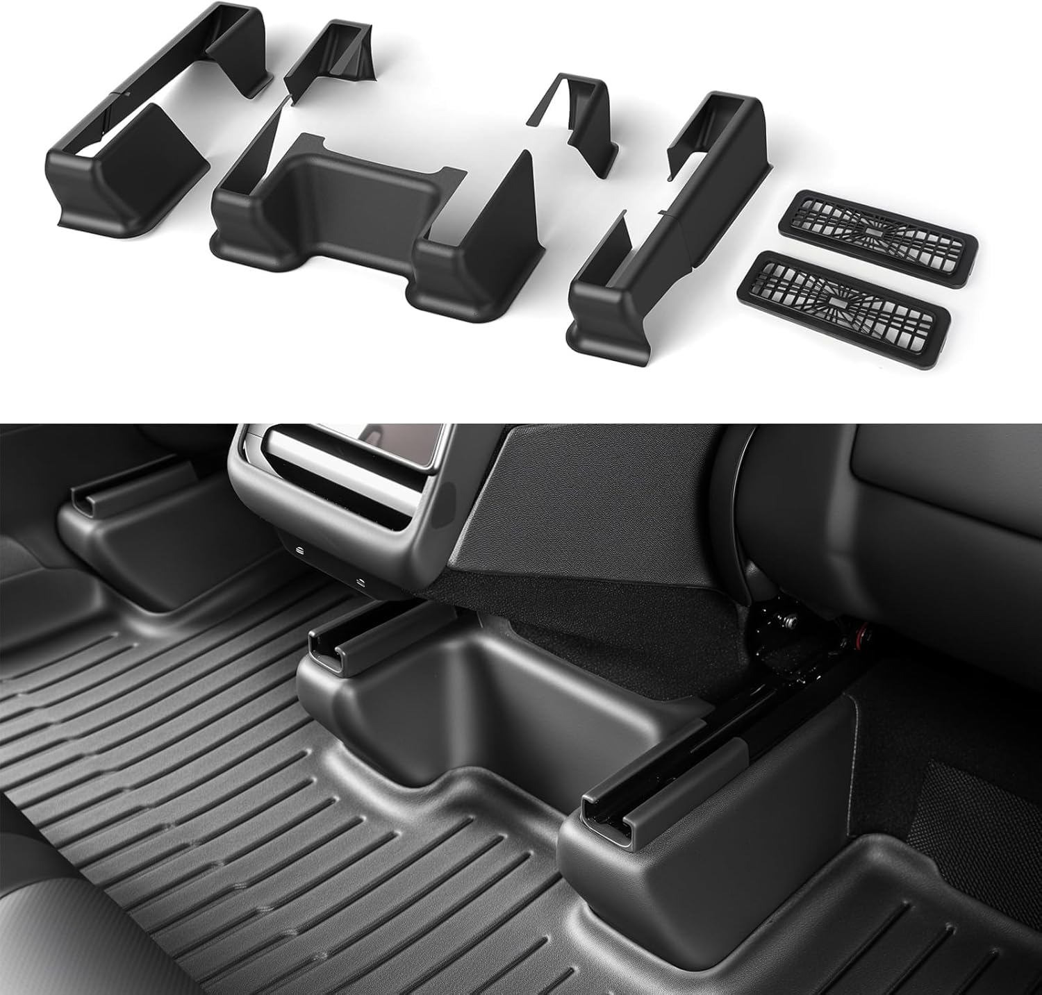 Topfit underseat protector installed on Tesla Model Y Juniper; shields kicks and scuffs