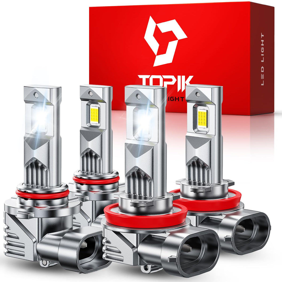 Topik H11 LED bulbs front view showing wide night illumination