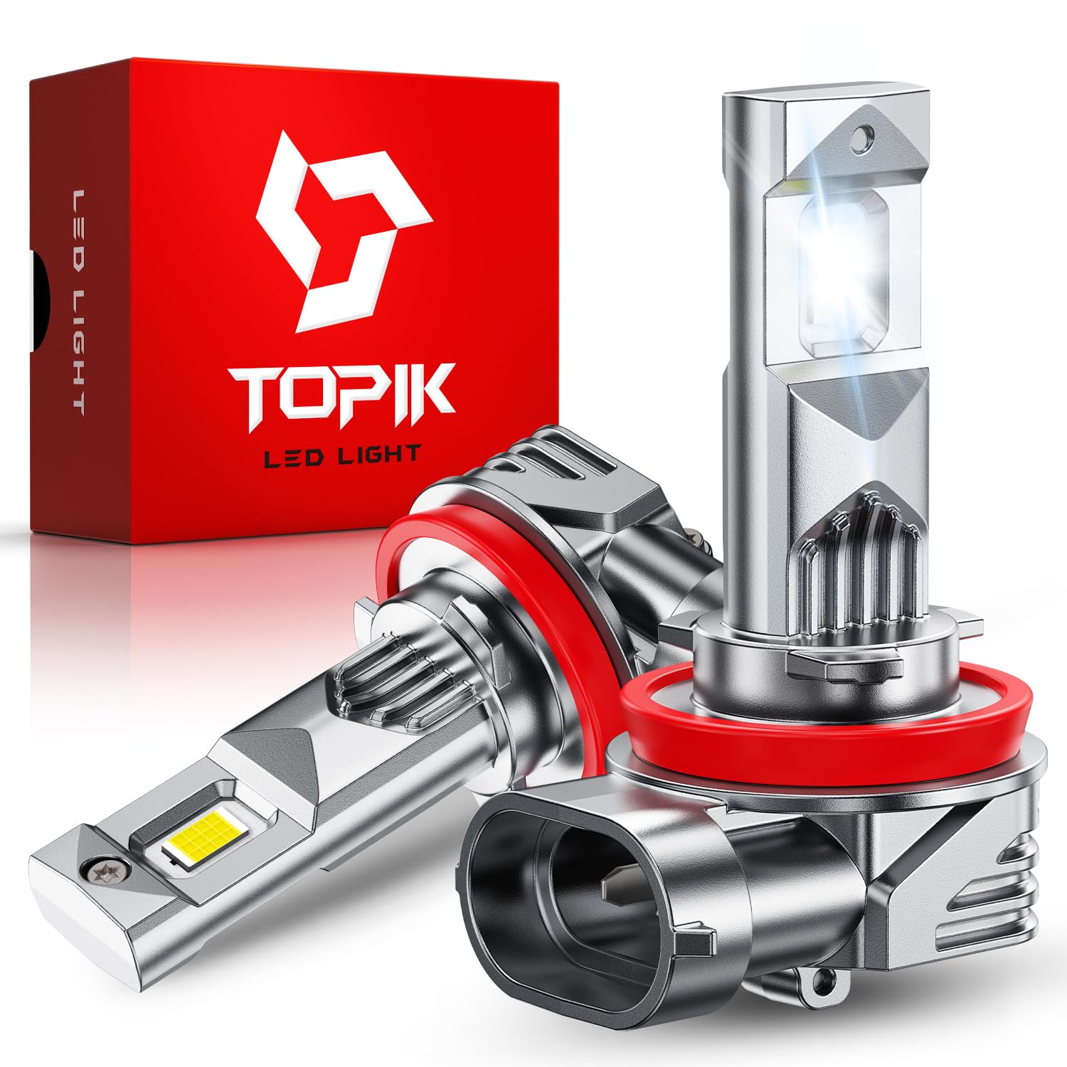 TOPIK H11/H8/H9 LED bulbs front-angle with crystal white 6500K light for improved night visibility