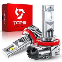 TOPIK H11/H8/H9 LED bulbs front-angle with crystal white 6500K light for improved night visibility