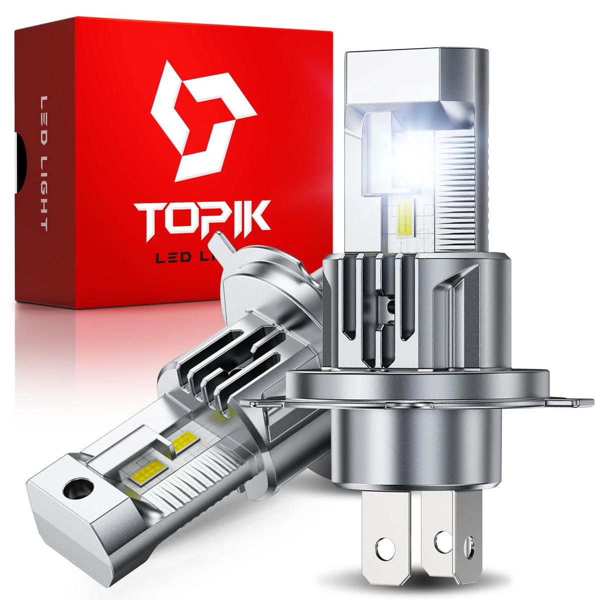 Topik H4 9003 LED bulb close-up showing bright night-driving light