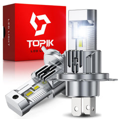 Topik H4 9003 LED bulb close-up showing bright night-driving light