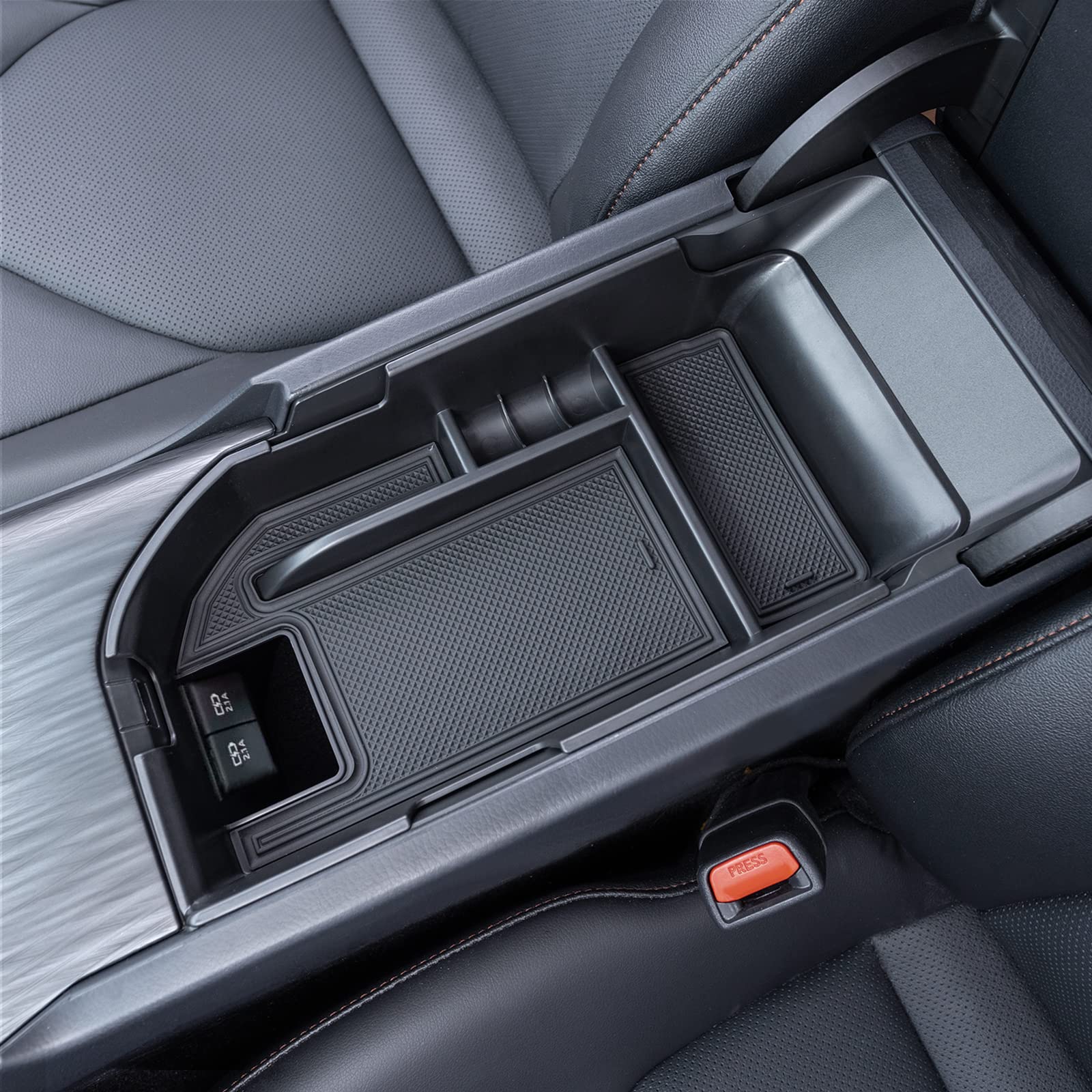 TOPINSTALL Camry tray showing dual USB ports access for charging