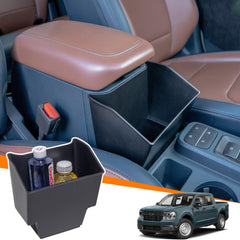 TOPINSTALL Maverick console storage box, front view, adds organized space for bottles and papers
