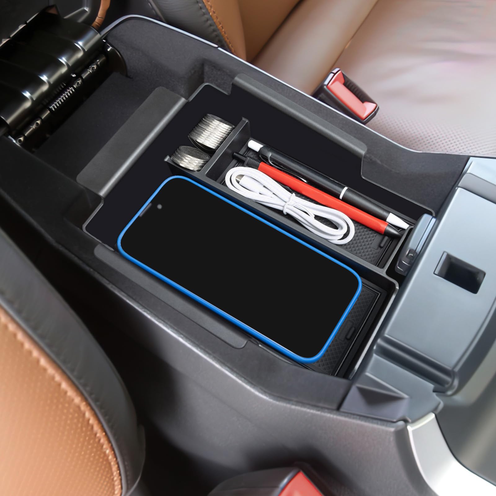 TOPINSTALL under-armrest storage gains extra space without hindering access.