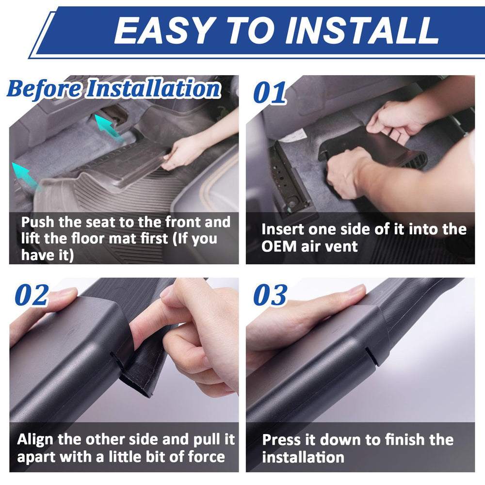 TOPINSTALL under-seat placement preserves leg space while improving rear comfort.