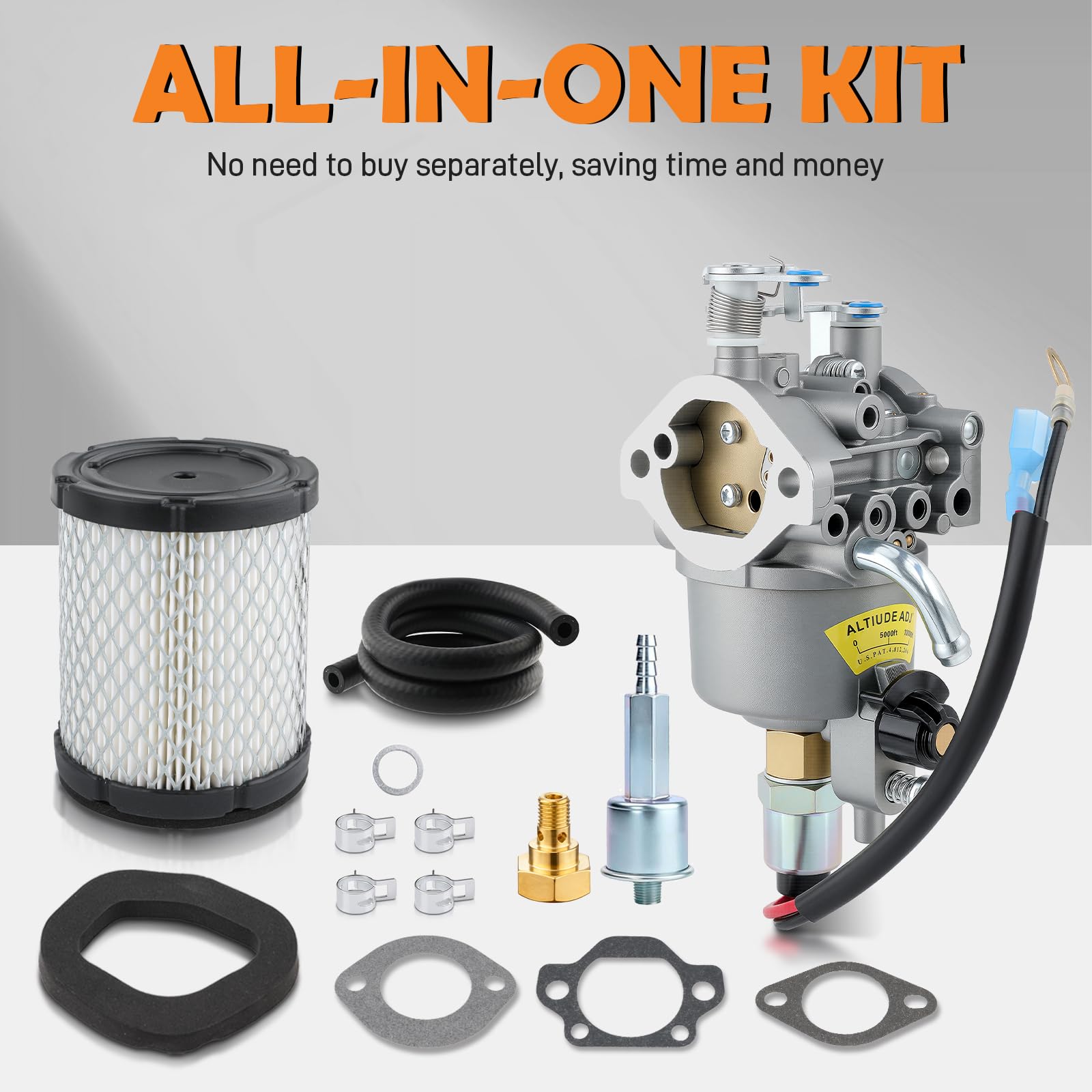Topkidame contents-included, shows 1 carburetor, 1 air filter, 3 gaskets, 1 fuel line, 1 fuel filter, 4 clamps