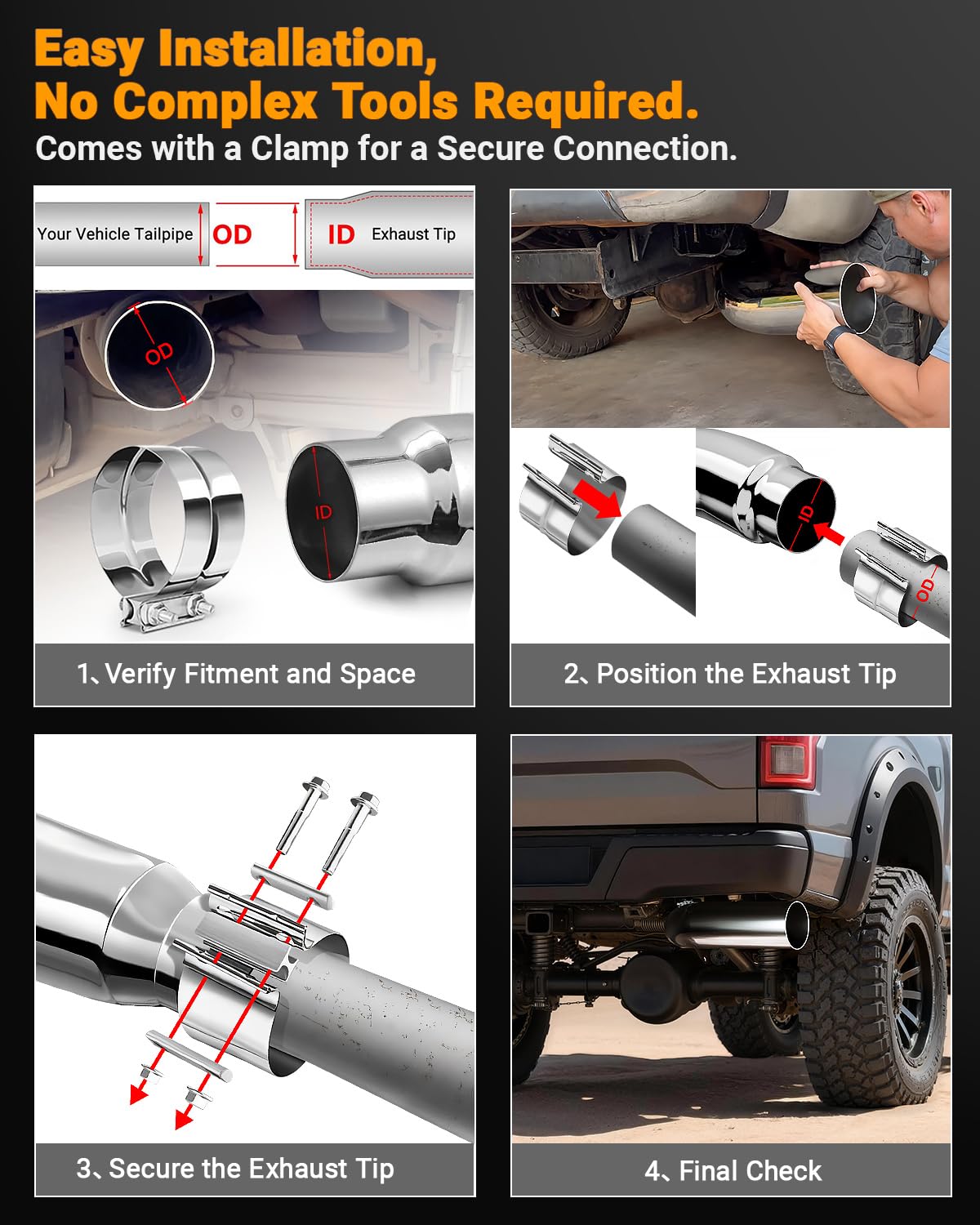 Toplamper angled rear profile exhaust tip improves vehicle stance.