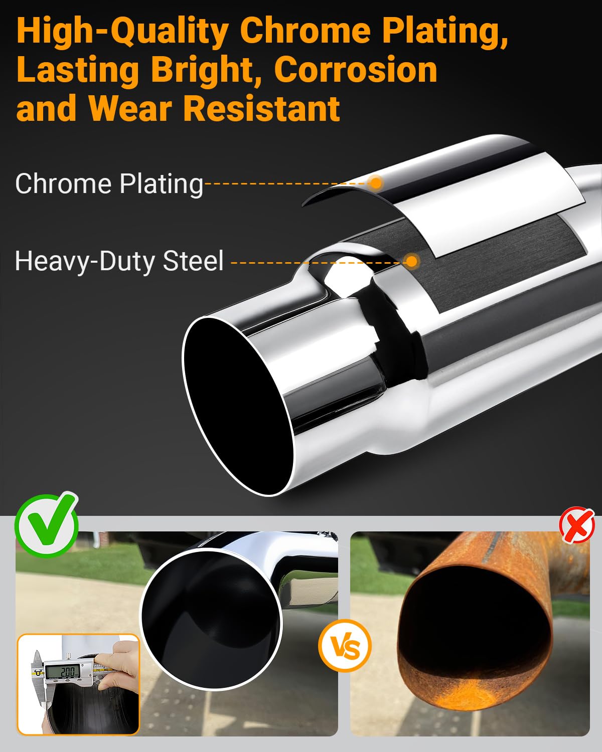 Toplamper chrome polished elbow with angled design enhances look.