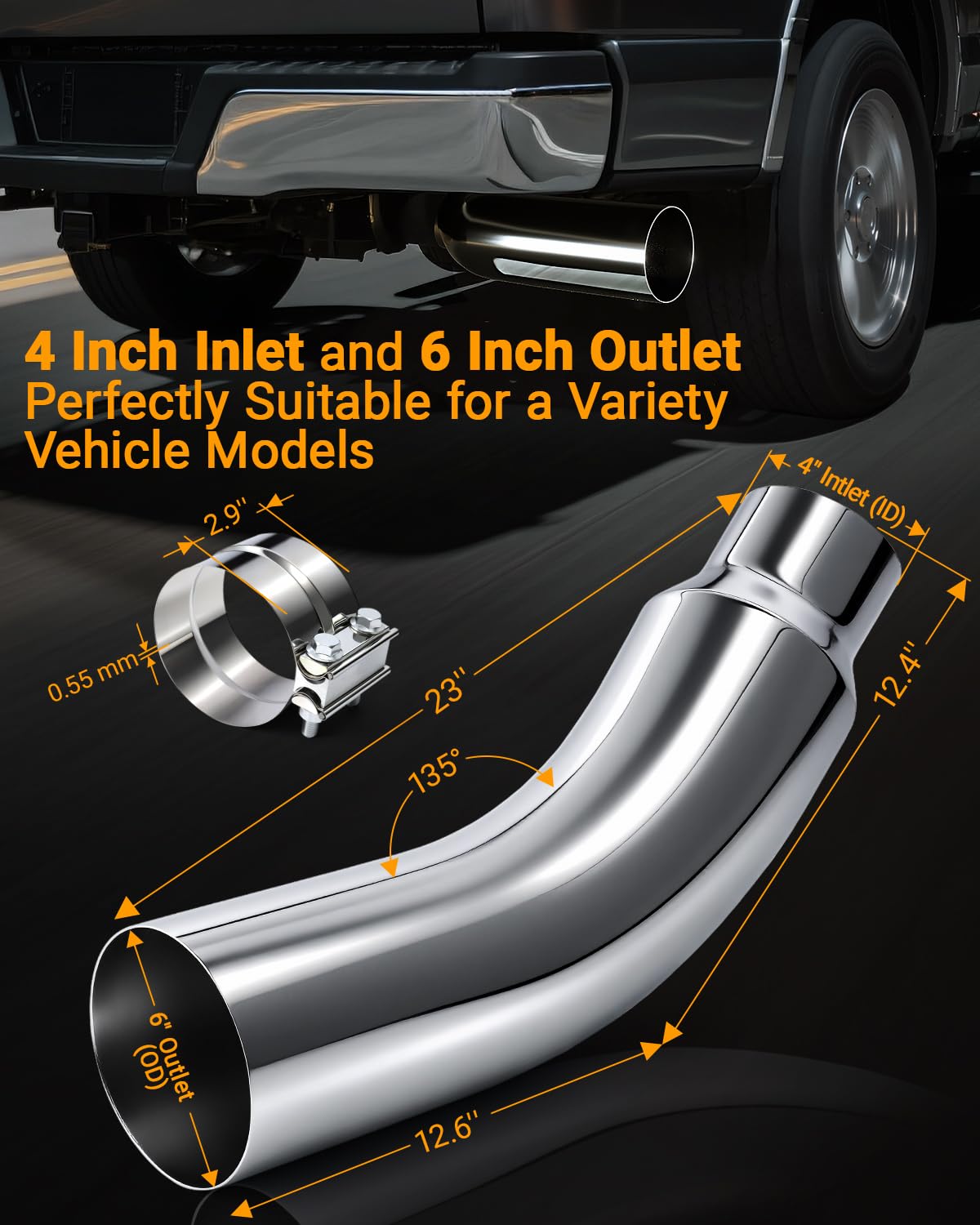Toplamper heavy-duty chrome-steel exhaust elbow tip for durability.