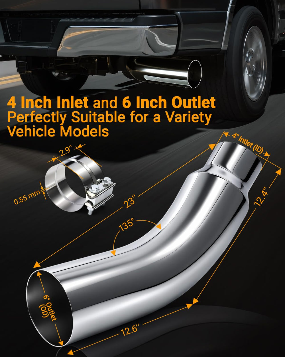 Toplamper heavy-duty chrome-steel exhaust elbow tip for durability.
