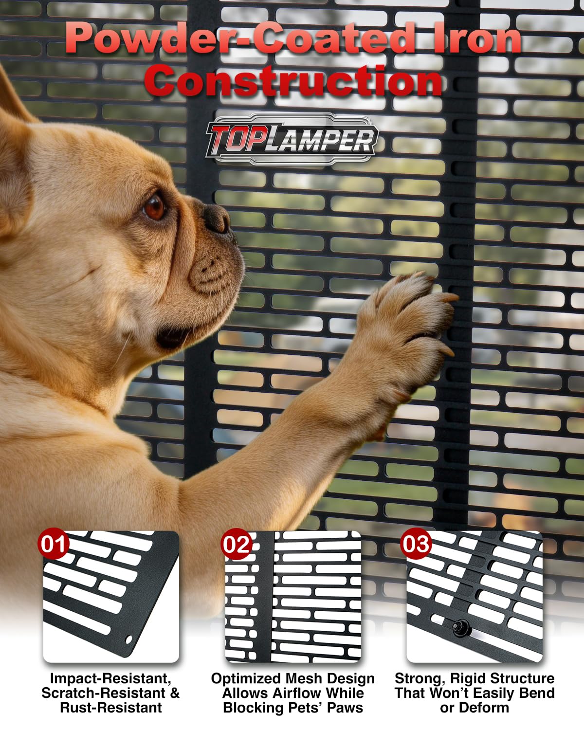 Toplamper heavy-duty guard secures RV screen door against impact.