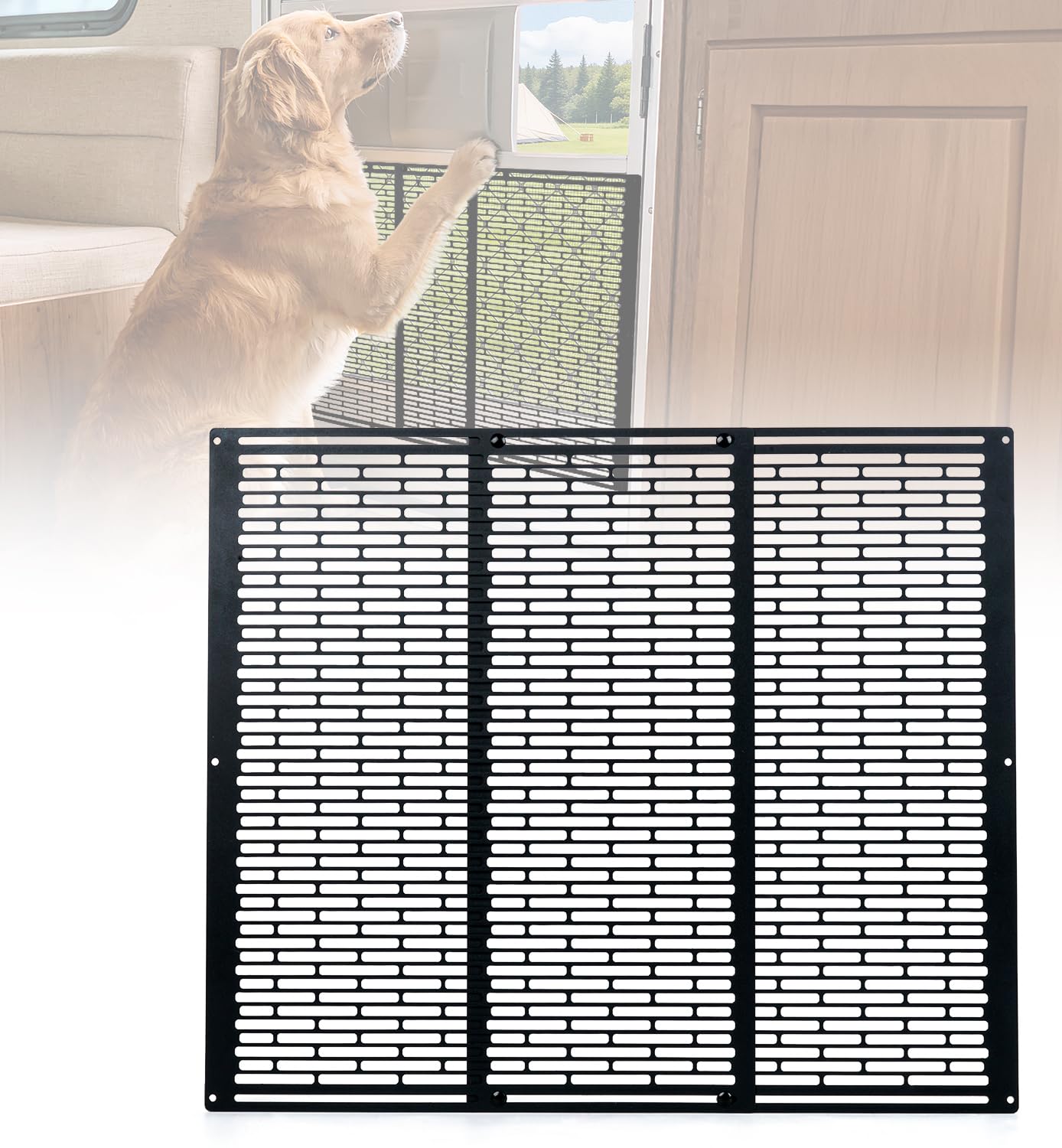 Toplamper reinforcement-panel on RV screen door strengthens high-traffic entry.