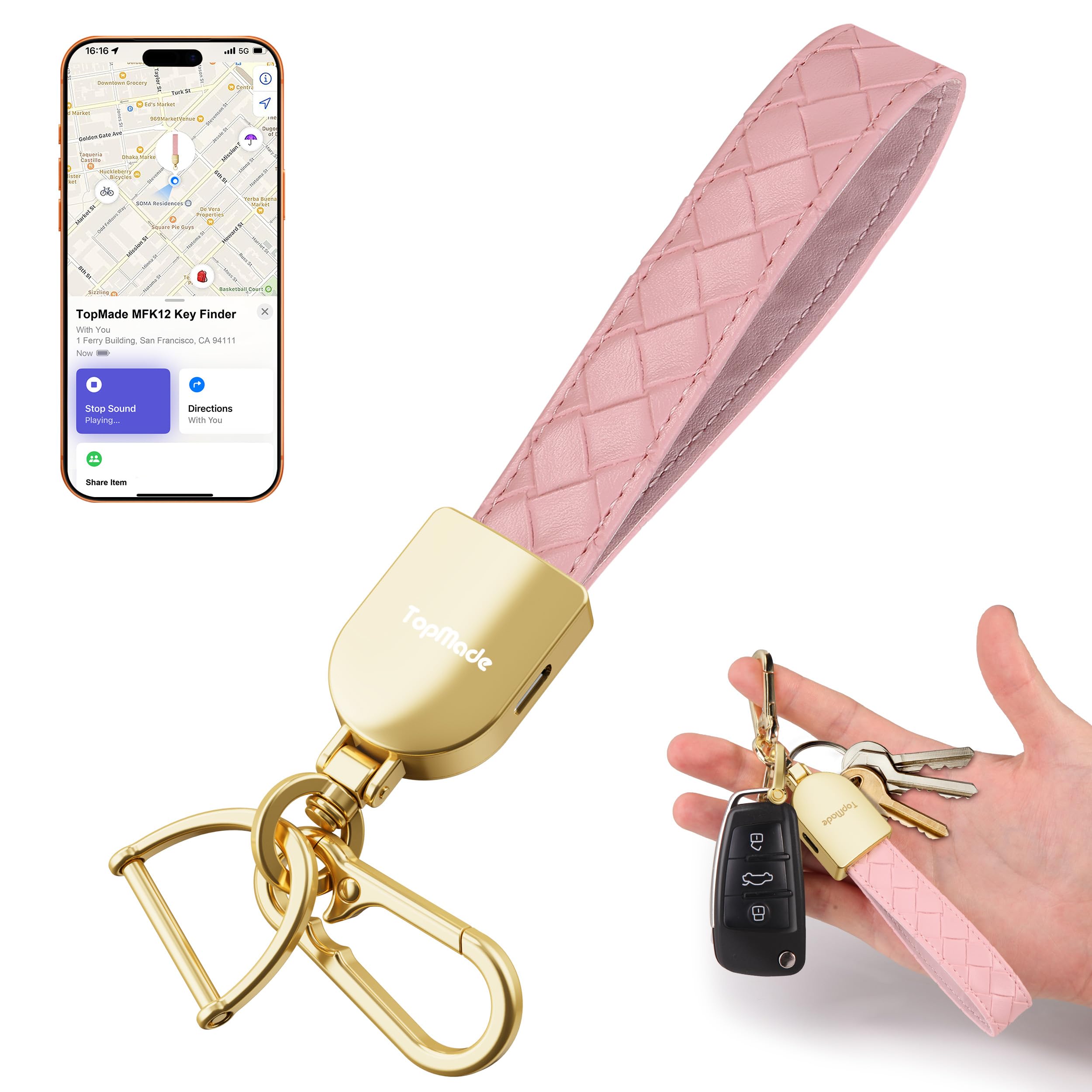 TopMade keychain showing Apple Find My integration for precise tracking