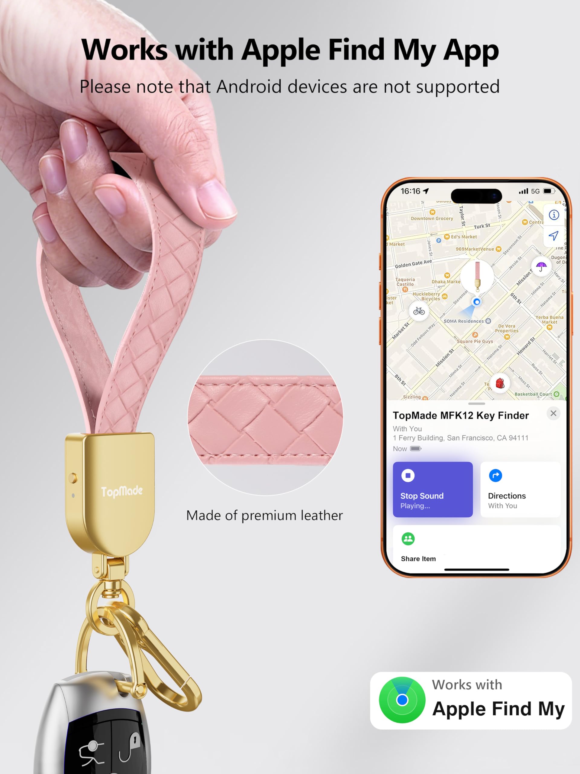 TopMade keychain with leather strap highlighting premium texture
