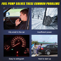 TOPSCOPE fuel pump assembly packaged product highlights compatibility and warranty information.